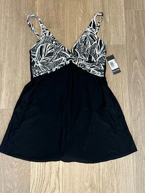 16 Womens BEACH SCENE Black White Tropical Print Swimdress Swimsuit $114 Kohls